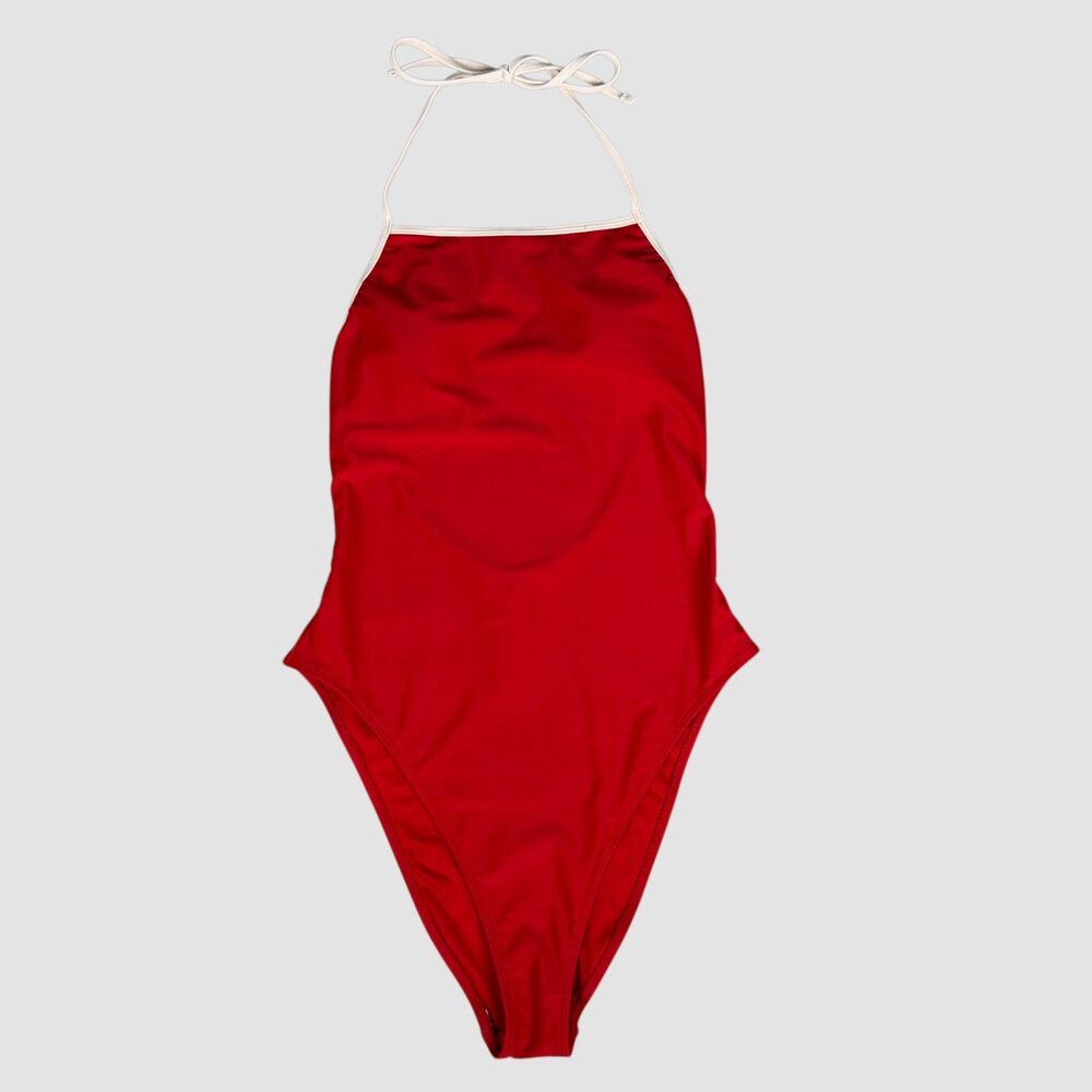 Forever 21 Red Halter One Piece Swimsuit Open Back High Cut Leg Size M